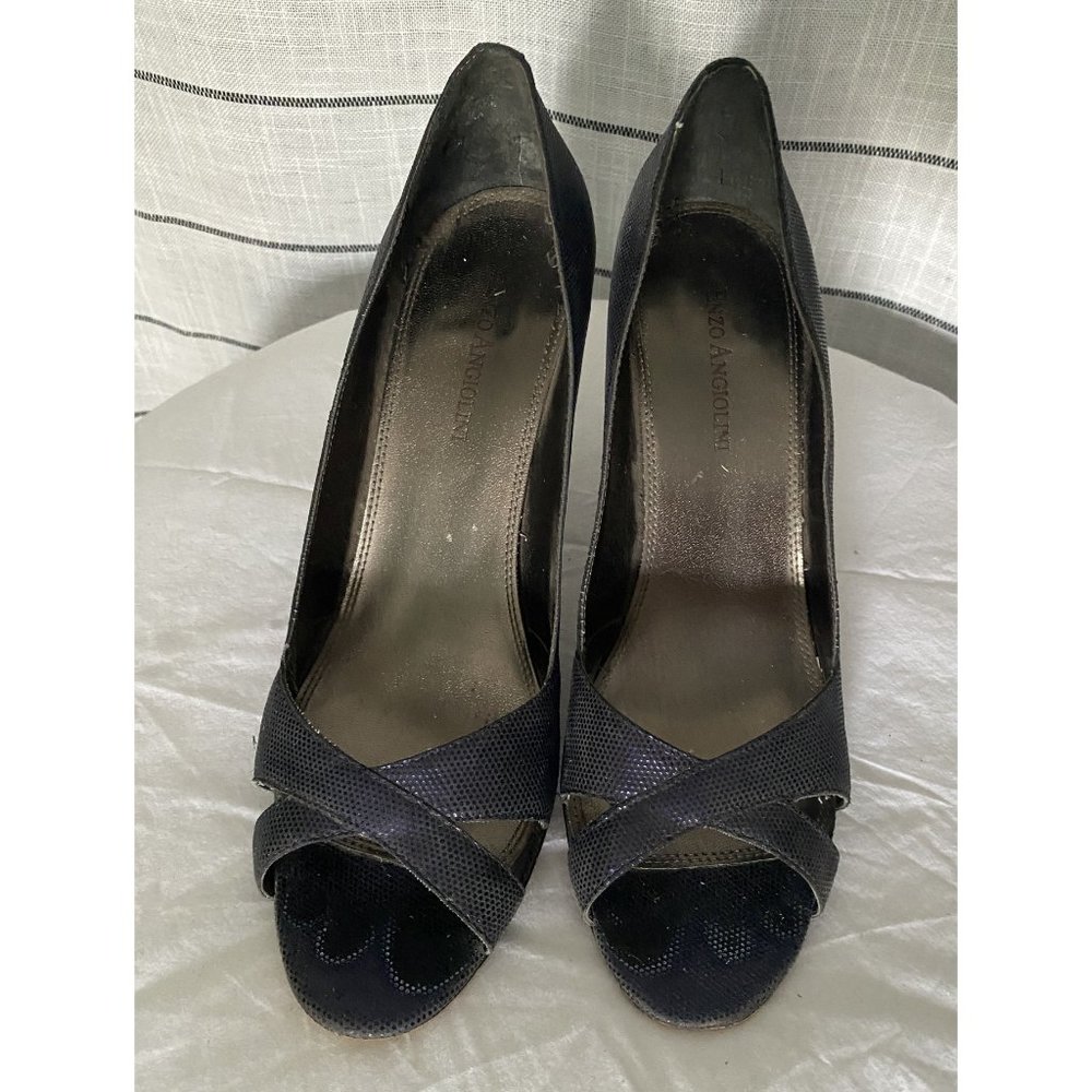 Enzo Angiolini Navy Peep-Toe Cross-Over Heels - Picture 2 of 6